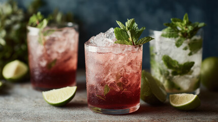 Refreshing cocktails with ice and mint, featuring vibrant colors and garnished with lime, evoke lively atmosphere