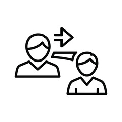Simple line icon representing data transfer or communication between two user profiles isolated on