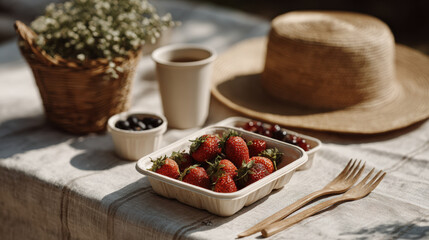 Healthy picnic setup with fresh strawberries, blueberries, and warm beverage, creating serene outdoor atmosphere