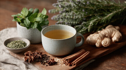 Soothing herbal tea blend featuring fresh mint, ginger, and various spices, perfect for relaxation and wellness
