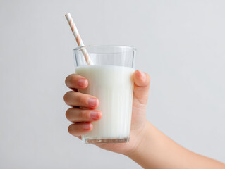 Child hand holding glass of milk with straw, showcasing refreshing drink. image evokes sense of joy and innocence