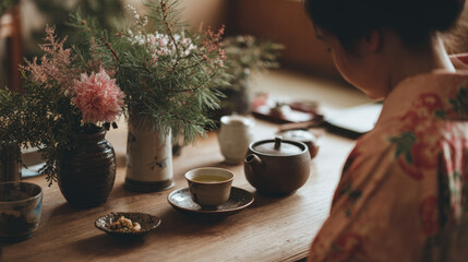 Serene Japanese tea ceremony featuring woman traditional kimono, surrounded by beautiful floral arrangements and tea utensils