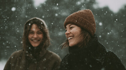Two women smiling in snowy landscape, enjoying winter together, showcasing joy and warmth in cold environment