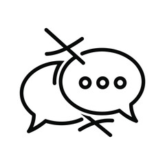 Black and white line icon representing communication breakdown or censorship, two speech bubbles crossed out, isolated on