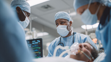 Medical team preparing patient for anesthesia in surgical environment, showcasing teamwork and professionalism
