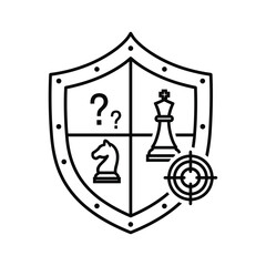 Line art icon of a shield divided into four sections with chess piece symbols and target, isolated on