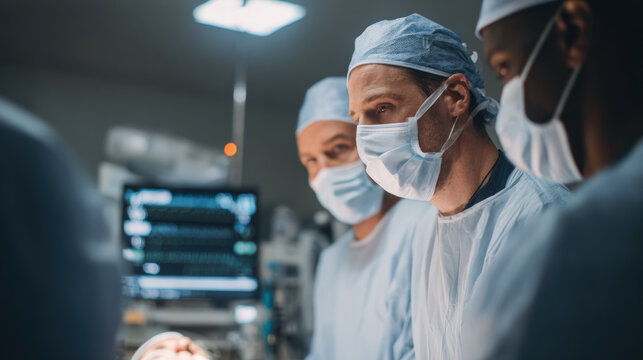 Medical team preparing patient for anesthesia in surgical environment, focused and professional atmosphere - Powered by Adobe