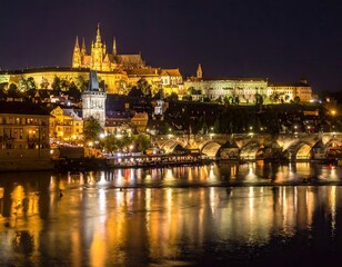 Fototapeta premium Night View of Prague Castle and Charles Bridge