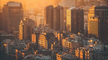 Golden hour sunlight reflecting off skyscrapers in a modern city.