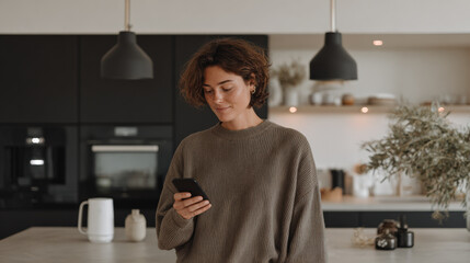 Woman using smartphone in modern kitchen with stylish decor and appliances, creating cozy atmosphere