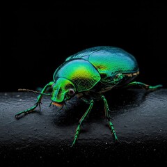 Fototapeta premium A macro photograph capturing the highly reflective, vibrant emerald exoskeleton of an iridescent tropical beetle resting on a dark, textured surface ,deep ,emerald ,environment