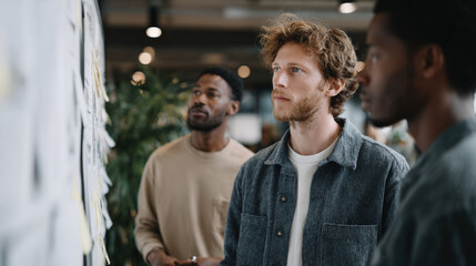 Creative team brainstorming in modern workspace, focused individuals analyzing ideas on wall, collaboration and innovation