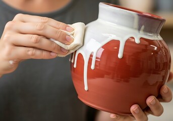 Ceramic vase being meticulously cleaned by skilled hands during art class