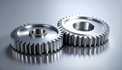 Two Metal Gears Reflecting on a Polished Surface.