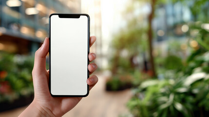 Person holds smartphone with blank screen in lush, green environment, showcasing modern and vibrant atmosphere