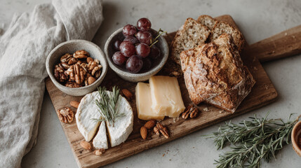 Beautifully arranged vegan charcuterie board featuring plant based cheese, fresh grapes, assorted nuts, and artisan bread