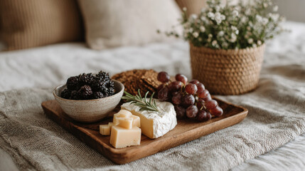 Beautifully arranged vegan charcuterie board featuring plant based cheese, fresh blackberries, grapes, and crackers