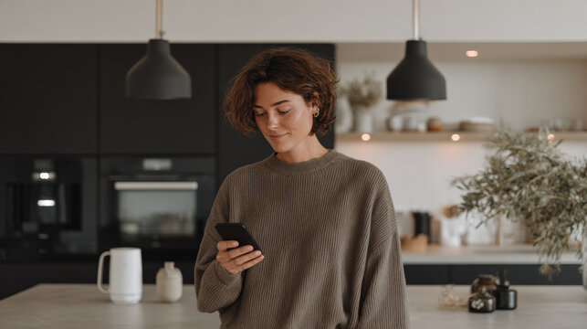 Woman using smartphone in modern kitchen with stylish decor and appliances, creating cozy atmosphere