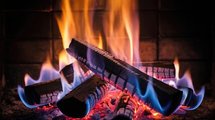 Crackling fireplace with glowing embers and dancing flames for cozy holiday ambience - Powered by Adobe