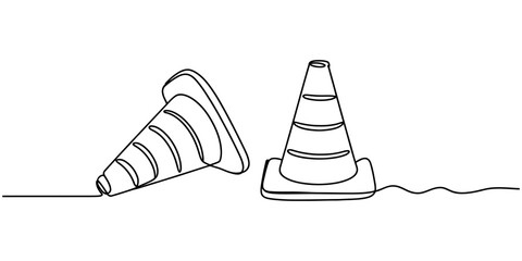 Continuous line art drawing featuring two safety traffic cones, one upright and one fallen, depicting construction, warning, and roadwork concepts minimalist. Vector, illustration © Digital Illustration