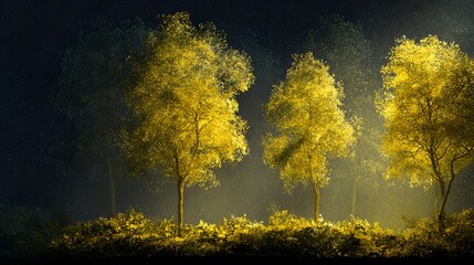 Golden Trees in a Mystical Forest with Ethereal Light and Dark Background.