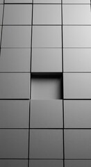 A sequence of identical gray square tiles is laid out, but one space is conspicuously empty, highlighting a missing element or a blank in the pattern ,design ,template ,gray