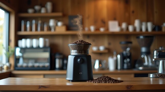 A black coffee grinder and coffee beans scattered on the counter.