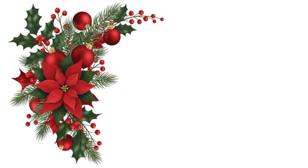 Fototapeta premium Christmas Corner Frame with Poinsettia, Holly Leaves, Pine Branches and Red Baubles Illustration