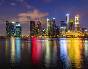 Obraz premium Night View of City Skyline Reflected in Water