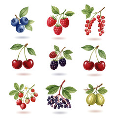 A beautifully hand-painted watercolor collection of various ripe summer berries, including cherry, raspberry, blueberry, and currant, isolated on a white background