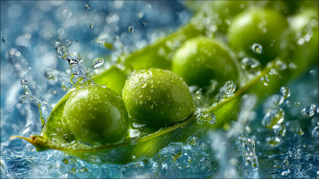 Fresh green peas in pod splashing in clear water droplets with vibrant and refreshing blue background colorful macro photography of healthy vegetables