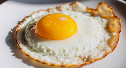 fried egg close up, fried egg on plate, close-up of sunny side up fried egg, crispy edge fried egg macro shot, bright yellow egg yolk breakfast food, detailed texture of fried egg on plate