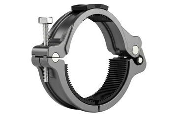 Obraz premium Metal quick-release pipe clamp with rubber lining and tightening screw isolated on a transparent background