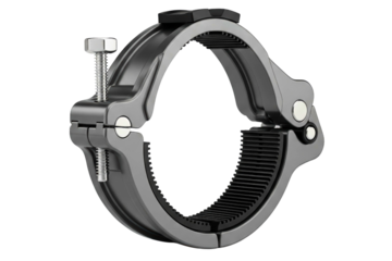 Metal quick-release pipe clamp with rubber lining and tightening screw isolated on a transparent background