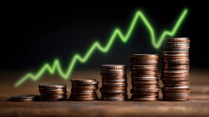 Growing stacks of coins with an upward trending green line graph symbolizing financial growth and investment success.