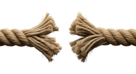 Close up of a frayed rope breaking apart isolated on transparent background