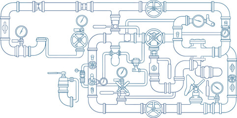 Industrial piping system illustration—interconnected valves, gauges, and fittings in complex fluid transport layout