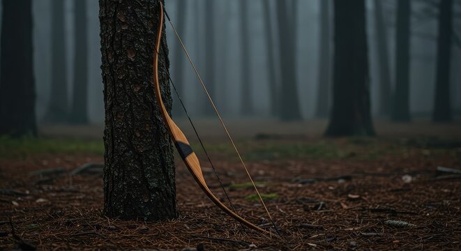 A traditional wooden hunting bow rests silently against rough bark in a quiet, misty woodland environment, evoking themes of survival and ancient skill ,traditional ,quiet ,tool