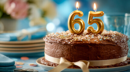 Festive chocolate birthday cake decorated with gold number candles and sprinkles celebrating a sixty-fifth milestone surrounded by party decor
