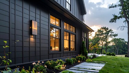 Modern Home Exterior with Dark Siding and Illuminated Windows at Dusk.