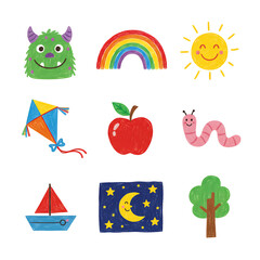 A charming collection of hand-drawn crayon illustrations for children, featuring a cute monster, rainbow, sun, and other playful elements