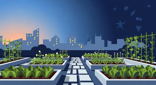 Urban rooftop garden with flourishing plants against city skyline view