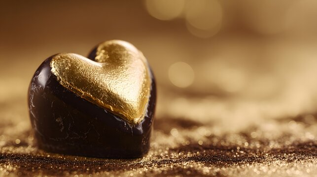 Heart-shaped chocolate praline with golden accent on a shimmering gold background, symbolizing love and luxury.
