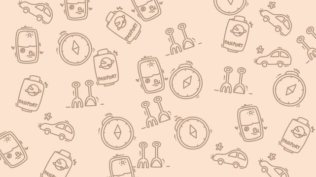 Repeating travel pattern with items and symbols is ideal for backgrounds, textiles, posters, and packaging designs for wanderlust themes.
