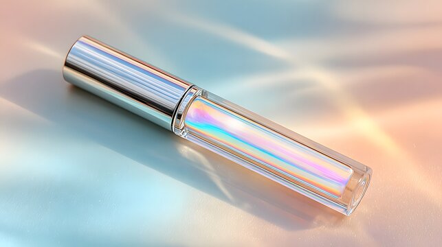 Holographic Lip Gloss Tube on a Soft Gradient Background.
