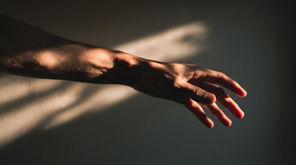 Human arm and hand reaching out in dramatic sunlight and shadow.