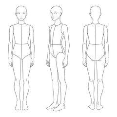 Children's fashion design template featuring a girl croquis in front, side, and back views. Clean line art illustration perfect for kids clothing designers, children's fashion sketching,