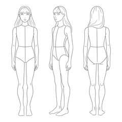 Children's fashion design template featuring a girl croquis in front, side, and back views. Clean line art illustration perfect for kids clothing designers, children's fashion sketching,
