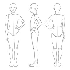 Children's fashion design template featuring a girl croquis in front, side, and back views. Clean line art illustration perfect for kids' clothing designers, children's fashion sketching,