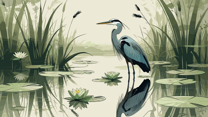 Elegant Heron Standing in Tranquil Pond Surrounded by Lily Pads 